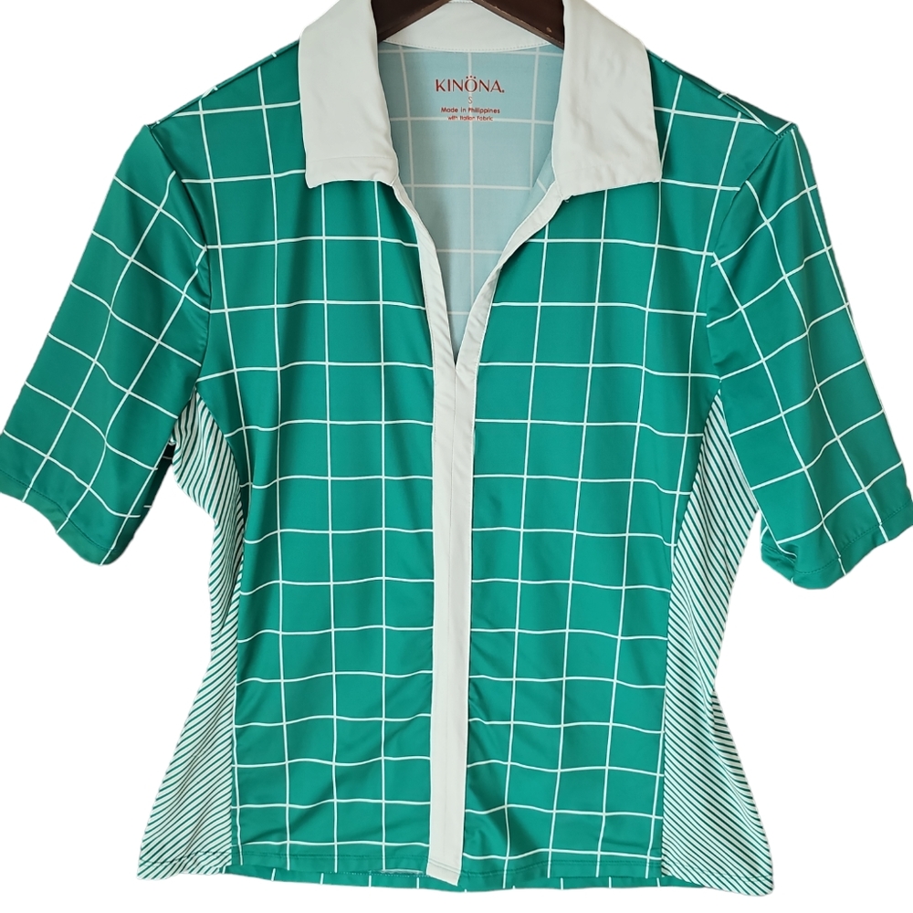 KINONA‎ Women's Short Sleeve Green Geometric Print Collared Polo Golf Top sz S